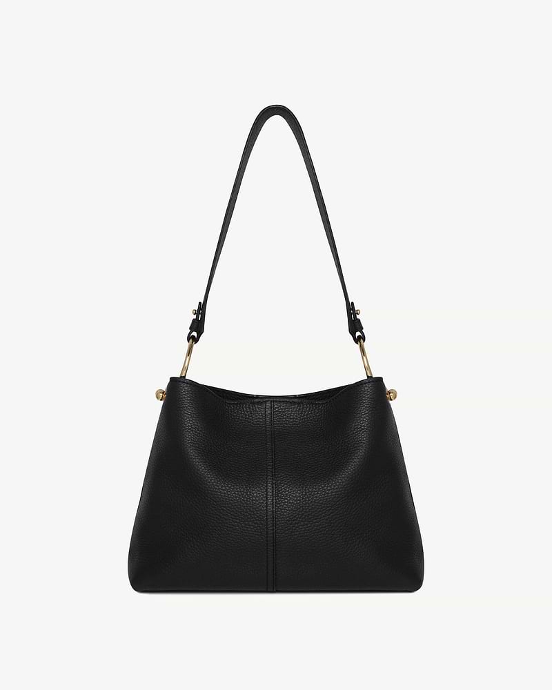 Black leather hobo bag with single shoulder strap and gold-tone hardware.