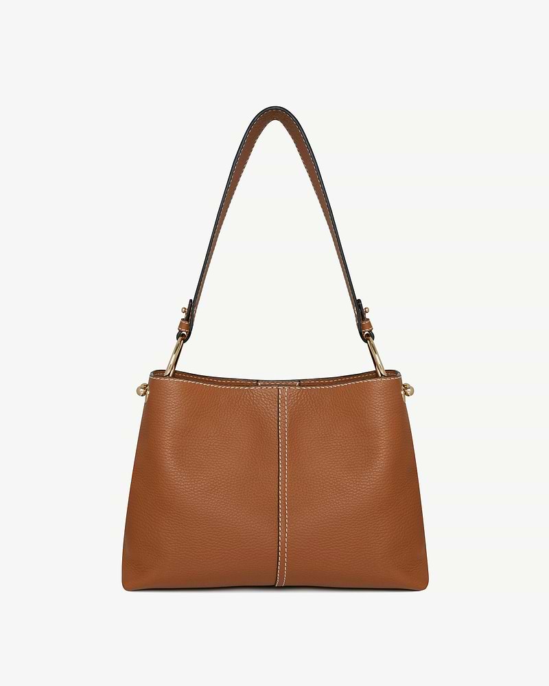 Tan leather hobo bag with single shoulder strap, central seam, pebbled texture, gold hardware.