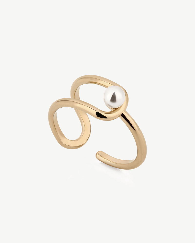 Open 22-carat gold-gilded ring with an off-centre white pearl on top.