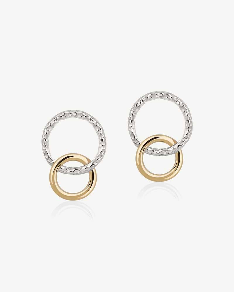 Pair of hoop earrings with textured sterling silver rings and gold inner hoops