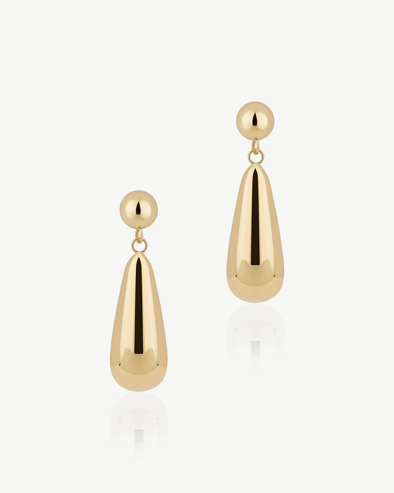 Pair of 24 carat gold gilded Jasmine drop earrings with round studs and teardrop pendants.