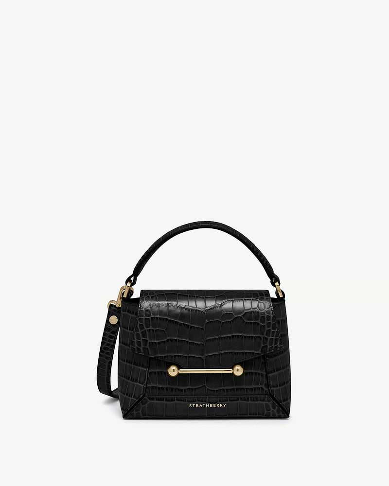 Strathberry Mosaic Nano bag in soft croc with gold bar and top handle