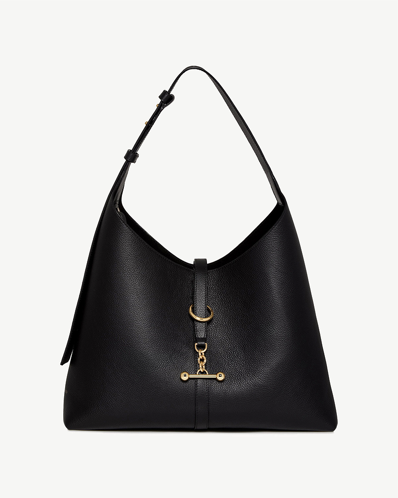 Black leather Kite Hobo Maxi bag with single shoulder strap and gold T-bar hardware.