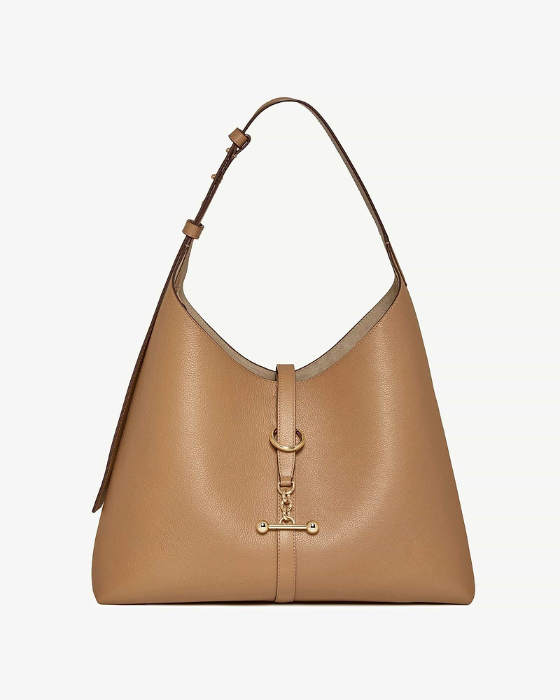 Caramel leather hobo bag with single shoulder strap, gold toggle and chain detail