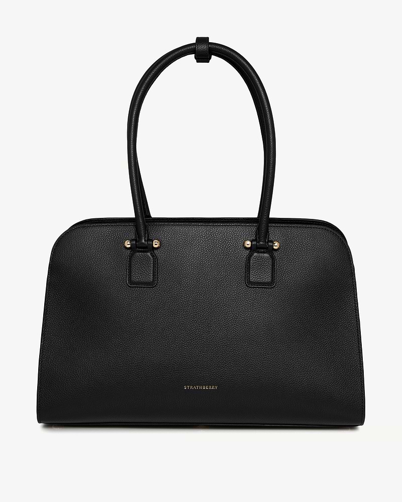 Black Strathberry Georgia Maxi leather tote with two top handles and gold hardware.