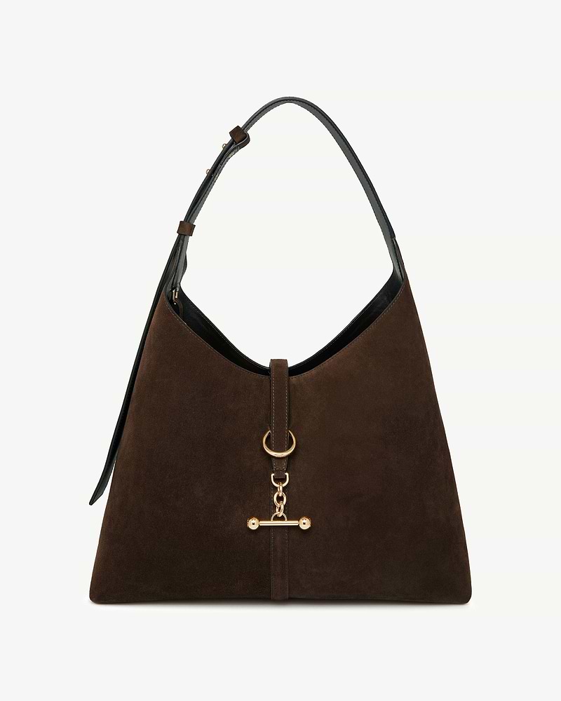 Chocolate suede hobo bag with black strap and gold ring and chain detail.