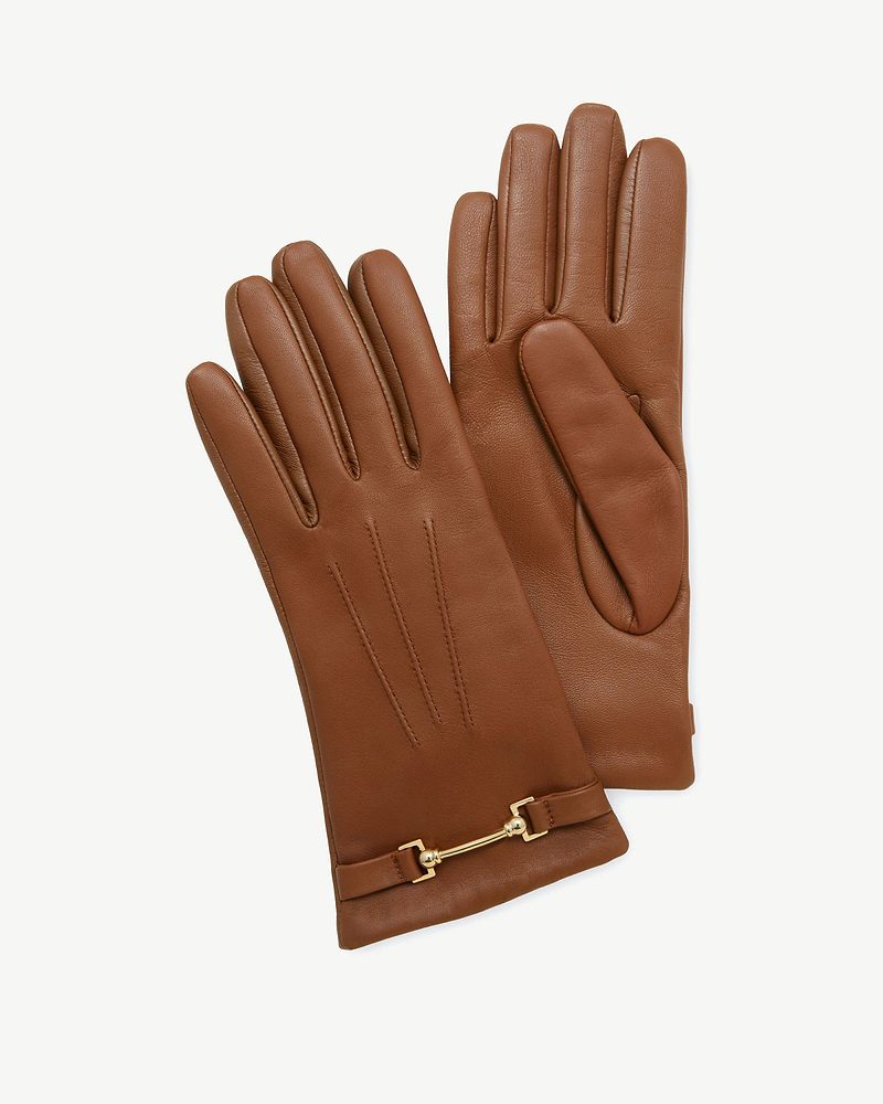 Pair of tan leather gloves with three stitched lines and gold-tone horsebit detail