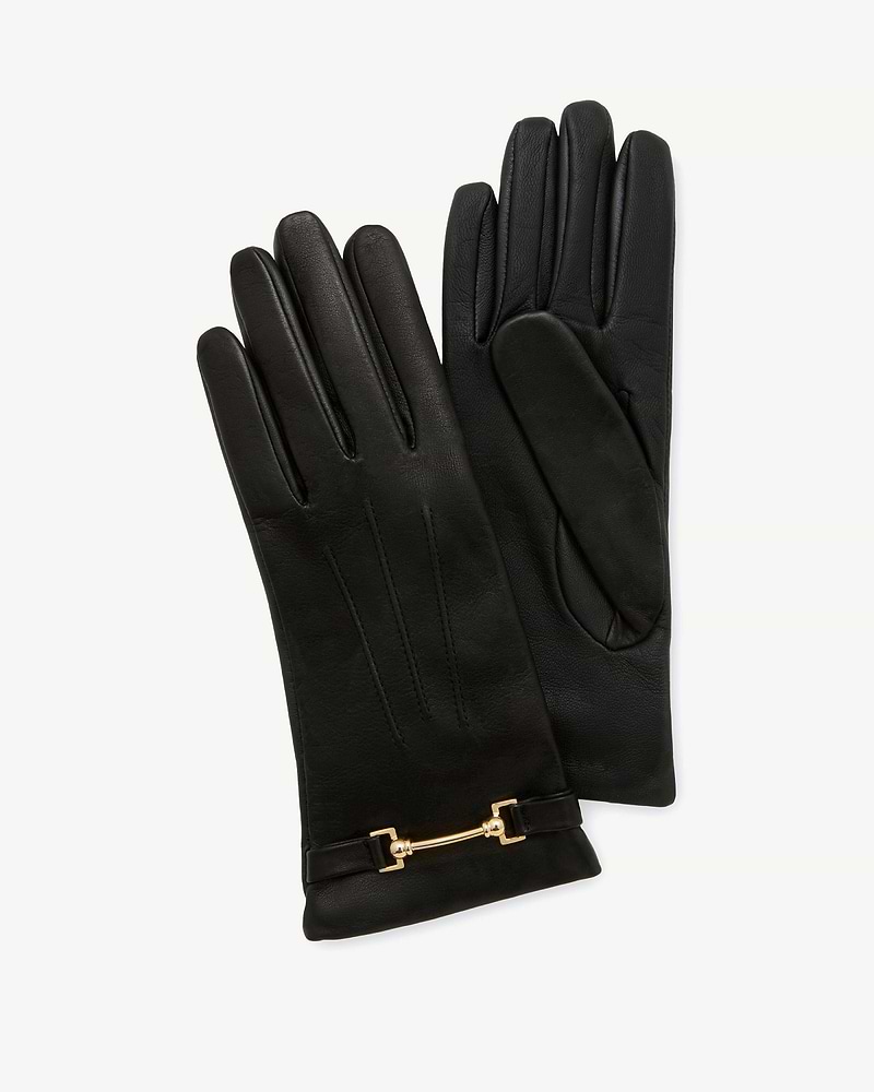 Black leather gloves with gold horsebit strap detail and three stitched finger lines.