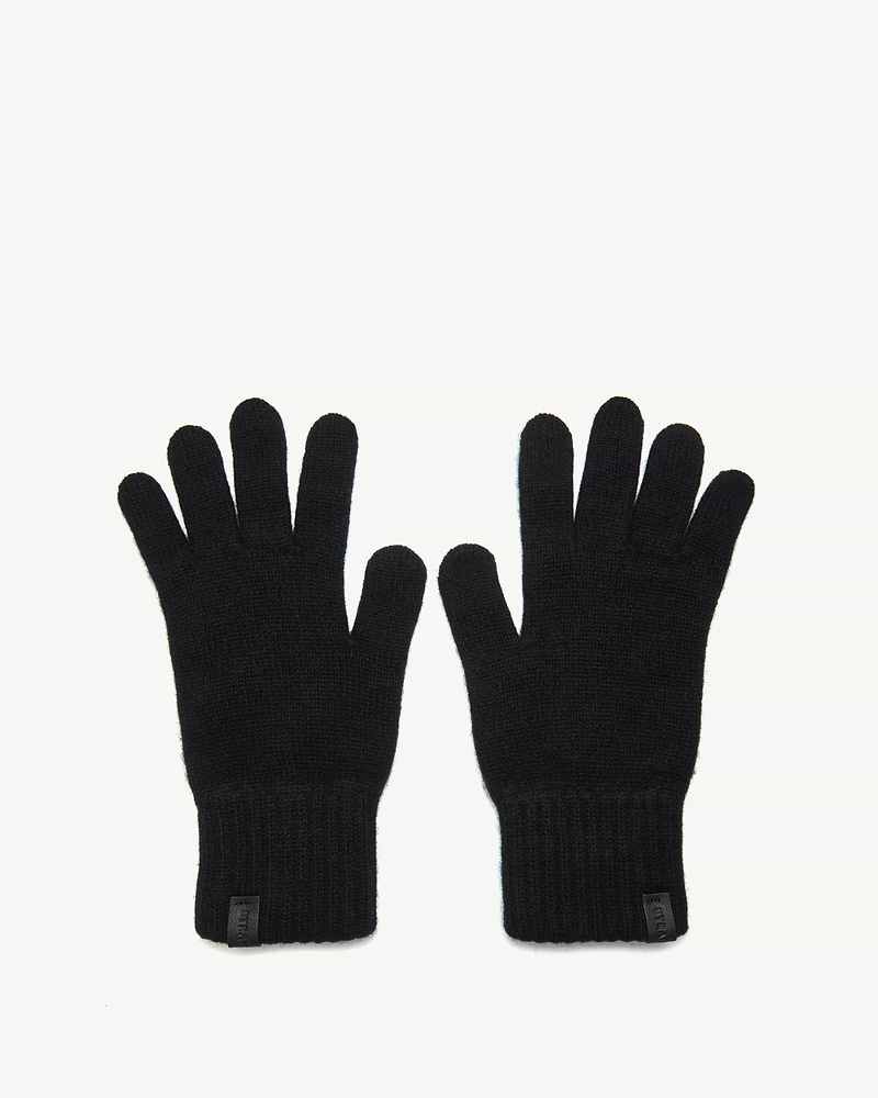 Pair of black cashmere gloves laid flat, ribbed cuffs and five fingers visible.
