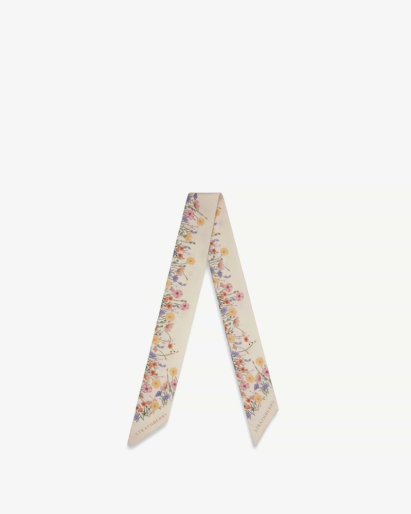 Silk skinny scarf in vanilla with frame floral print and Strathberry wordmark