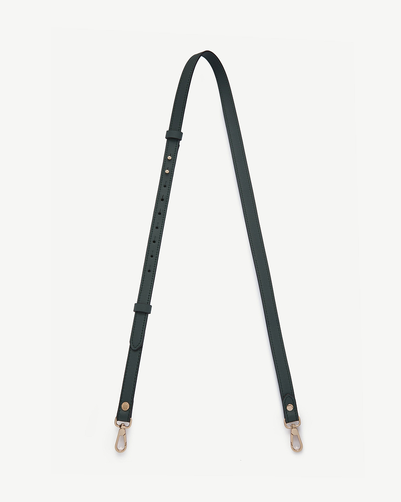 Bottle green thin adjustable leather strap with gold-tone swivel clips and leather keepers