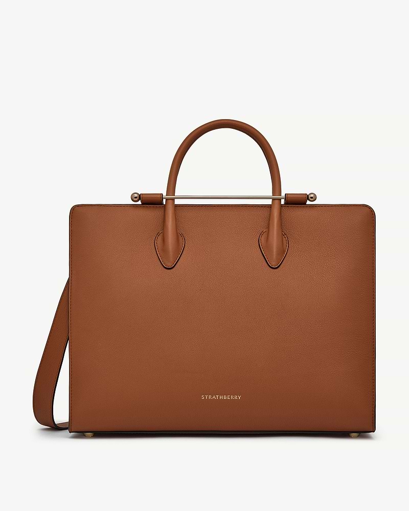 Chestnut leather tote with top handles, metal bar detail and Strathberry logo.