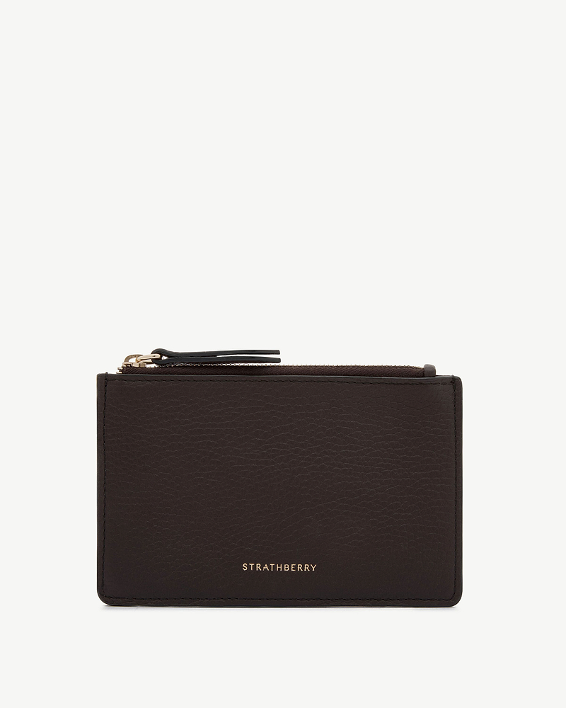 Espresso leather Charlotte purse with gold Strathberry logo and top zip.