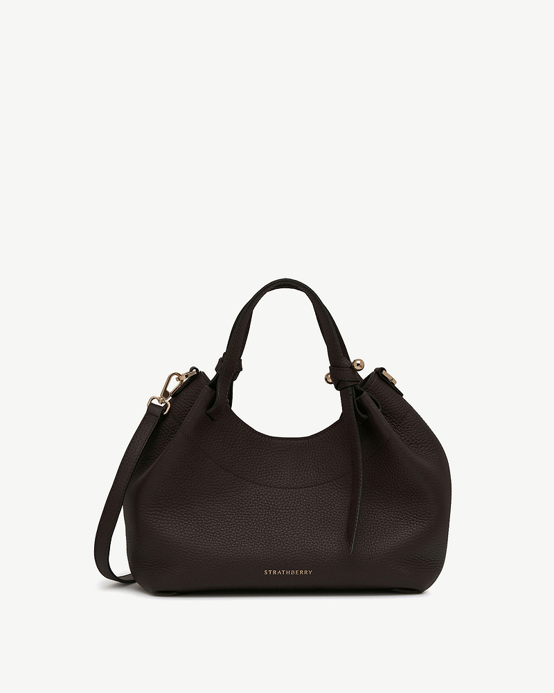 Strathberry Barra Mini leather top-handle bag in espresso with gold hardware.