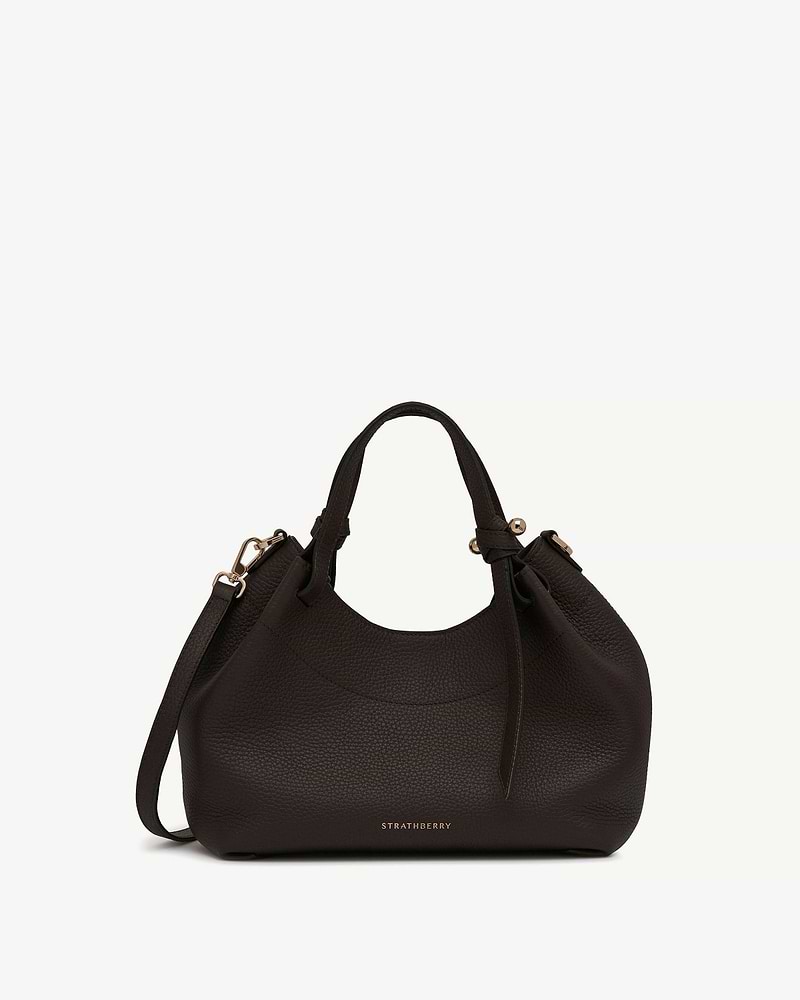 Strathberry Barra Mini leather top-handle bag in espresso with gold hardware.