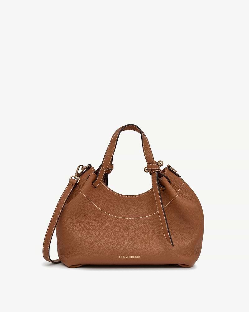 Tan Strathberry Barra Mini handbag with top handles and detachable shoulder strap