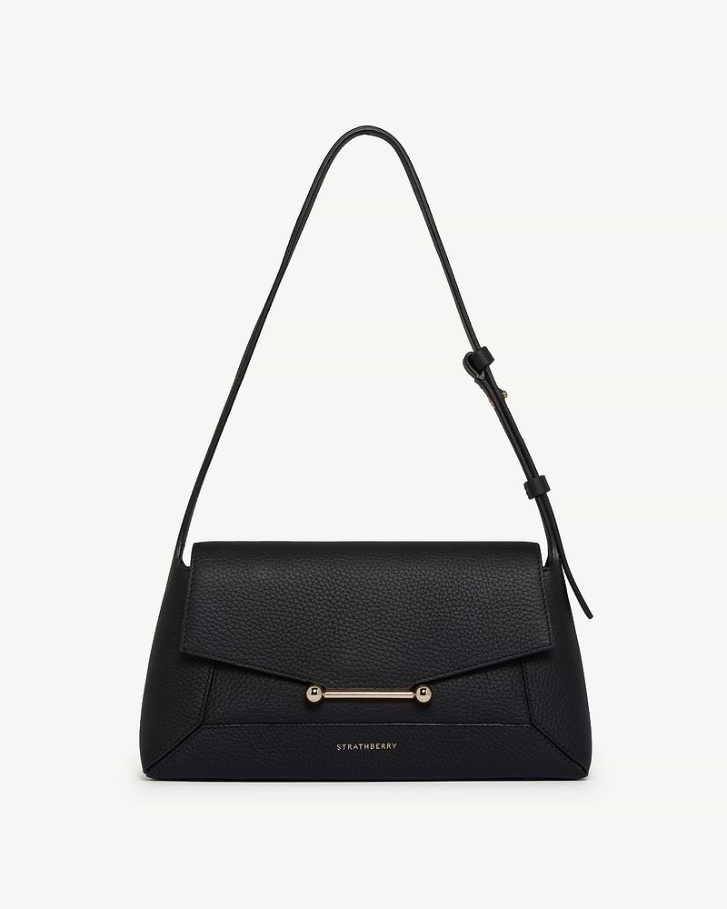 Black Mosaic Shoulder bag with adjustable strap, gold bar hardware, Strathberry logo.