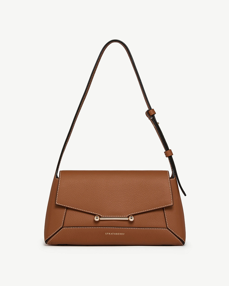 Tan Strathberry Mosaic Shoulder bag with single shoulder strap and metal bar fastening