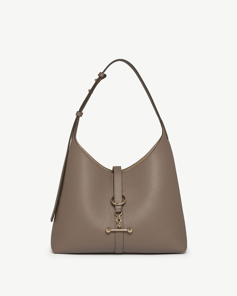 Taupe kite hobo with pebbled leather, single shoulder strap and gold hardware.