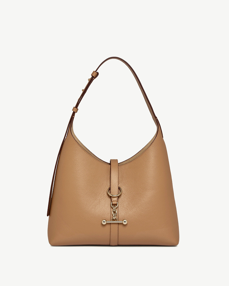 Caramel Kite Hobo bag with shoulder strap, pebbled leather and gold bar fastening.