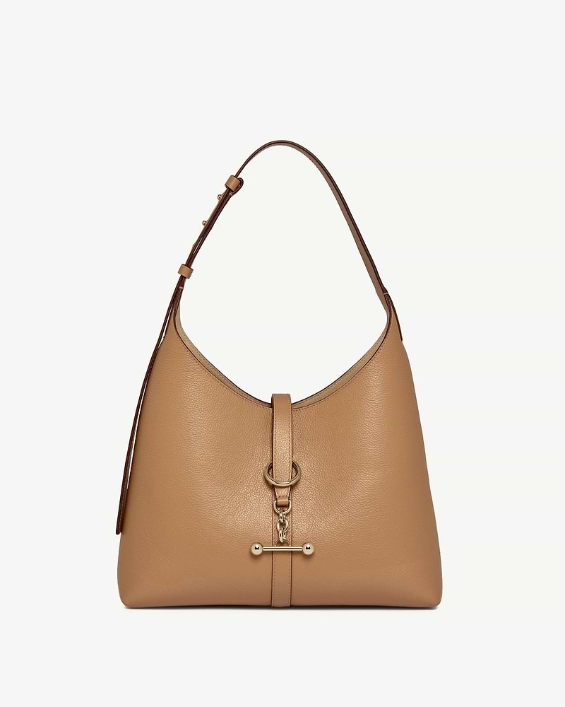 Caramel Kite Hobo bag with shoulder strap, pebbled leather and gold bar fastening.