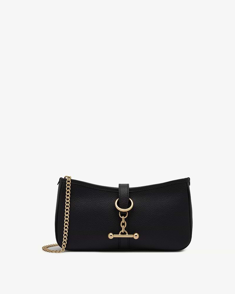 Black pebbled leather shoulder bag with gold chain strap and ring detail.