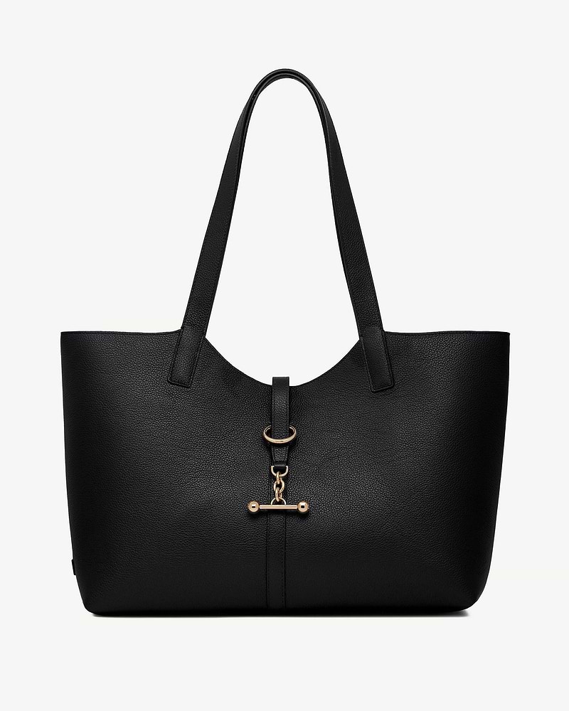 Black pebbled leather tote with long straps and gold bar and ring hardware.