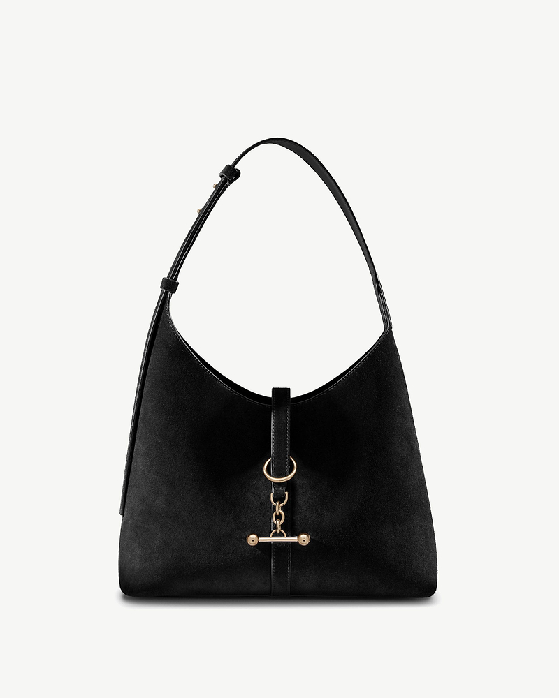 Black suede Kite Hobo with top handle and gold ring chain fastenings