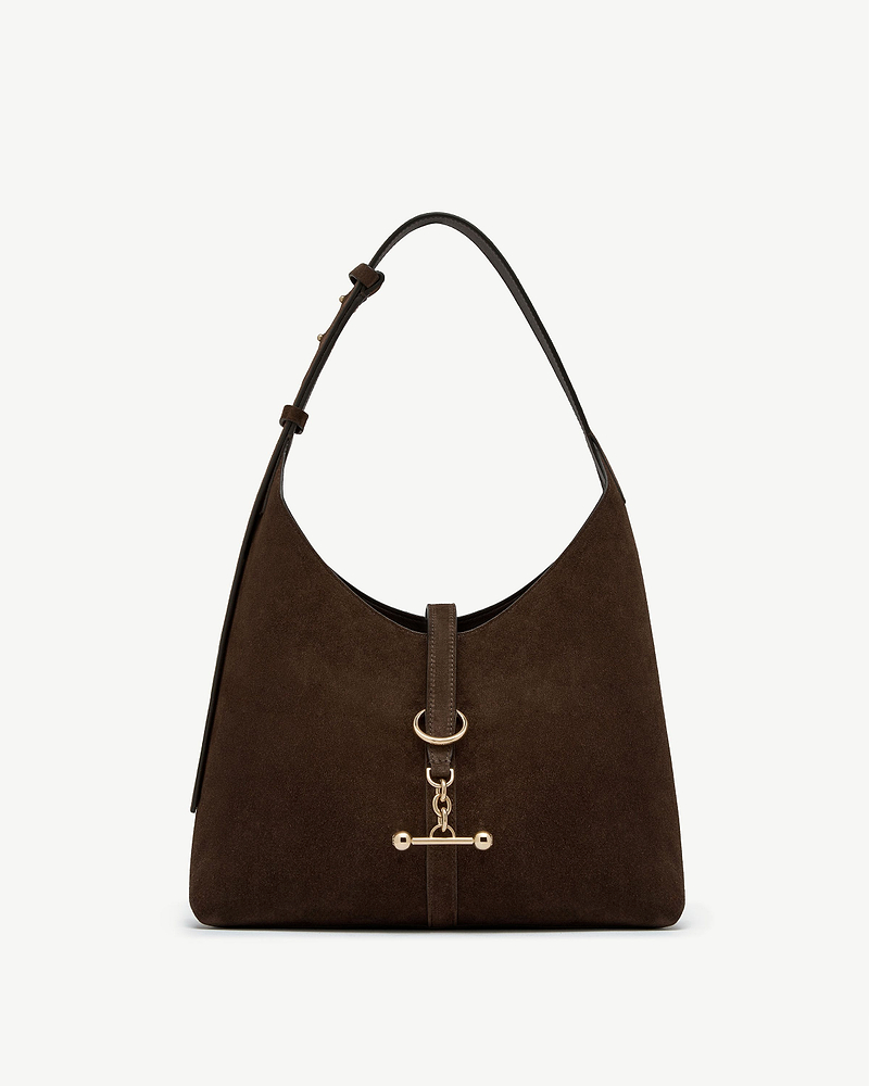 Chocolate suede hobo bag with gold ring and chain toggle fastening