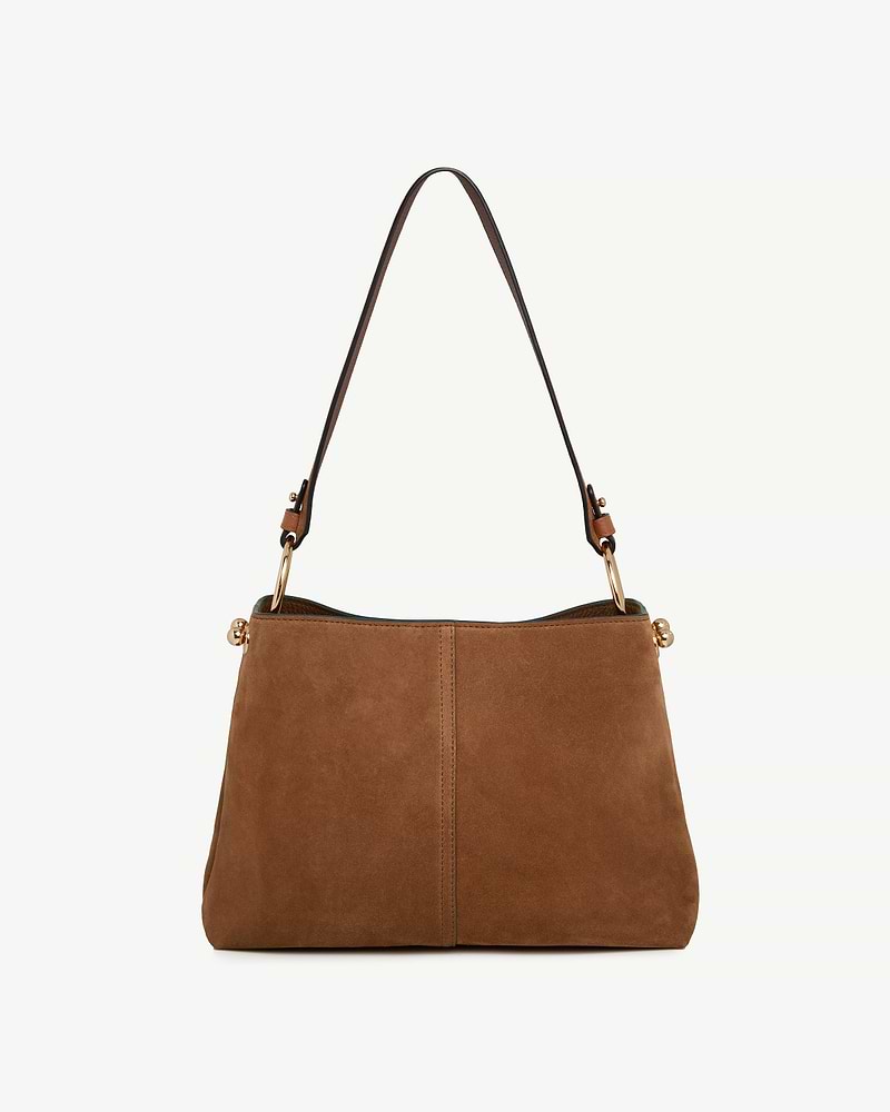 Tan suede Lana hobo bag with single shoulder strap and gold hardware.
