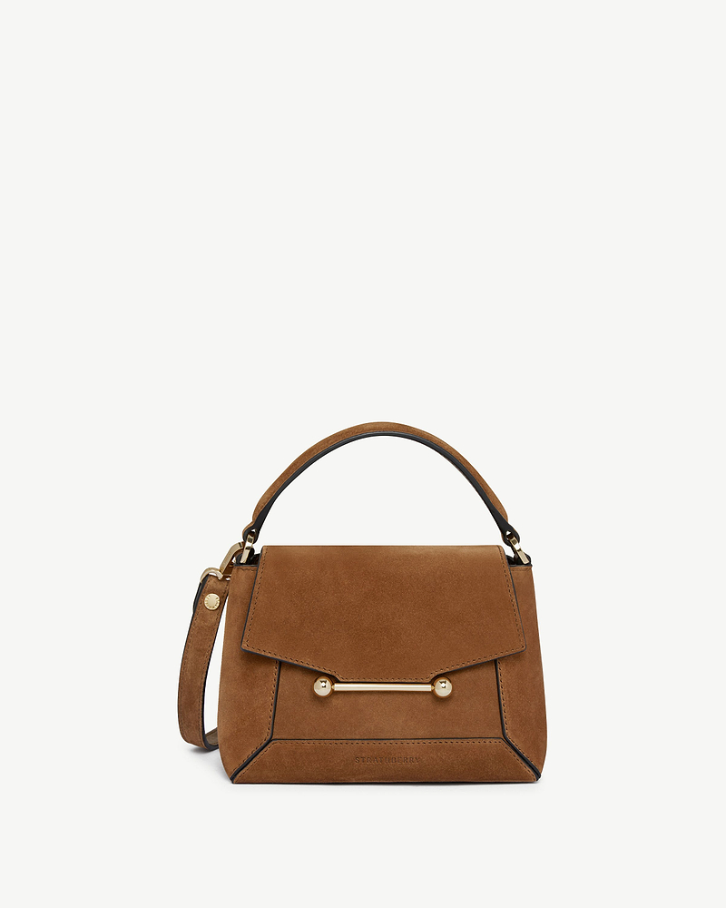 Strathberry Mosaic Nano tan suede top-handle bag with gold bar detail