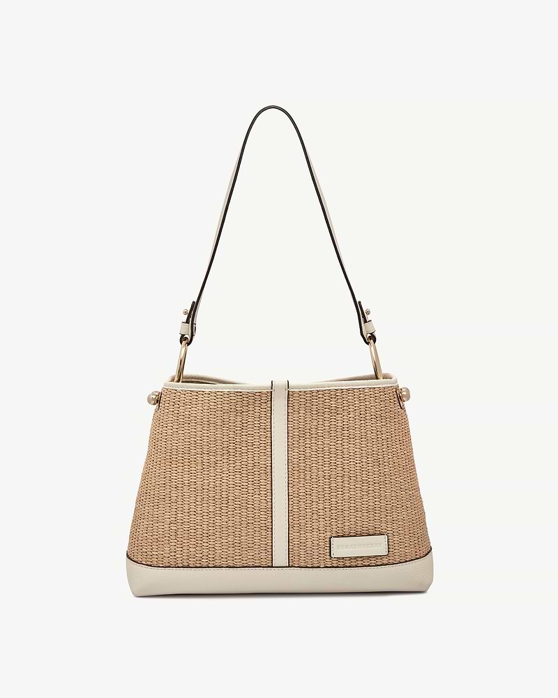 Strathberry Lana Hobo bag in vanilla natural raffia with cream leather trim and shoulder strap.
