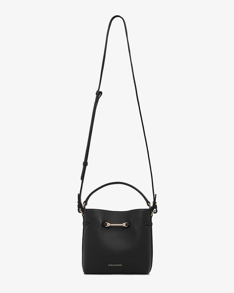 Black Corda Bucket Mini bag with top handle, adjustable strap, gold bar and Strathberry logo