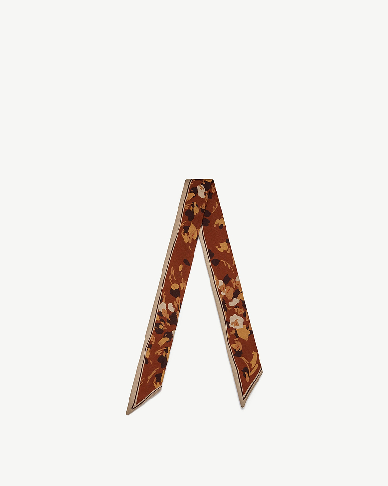 Sand and oxblood silk skinny scarf with all-over pop flowers print.