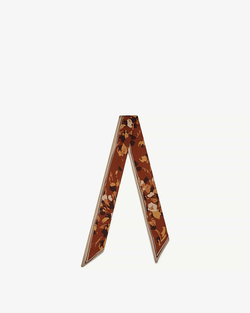Sand and oxblood silk skinny scarf with all-over pop flowers print.