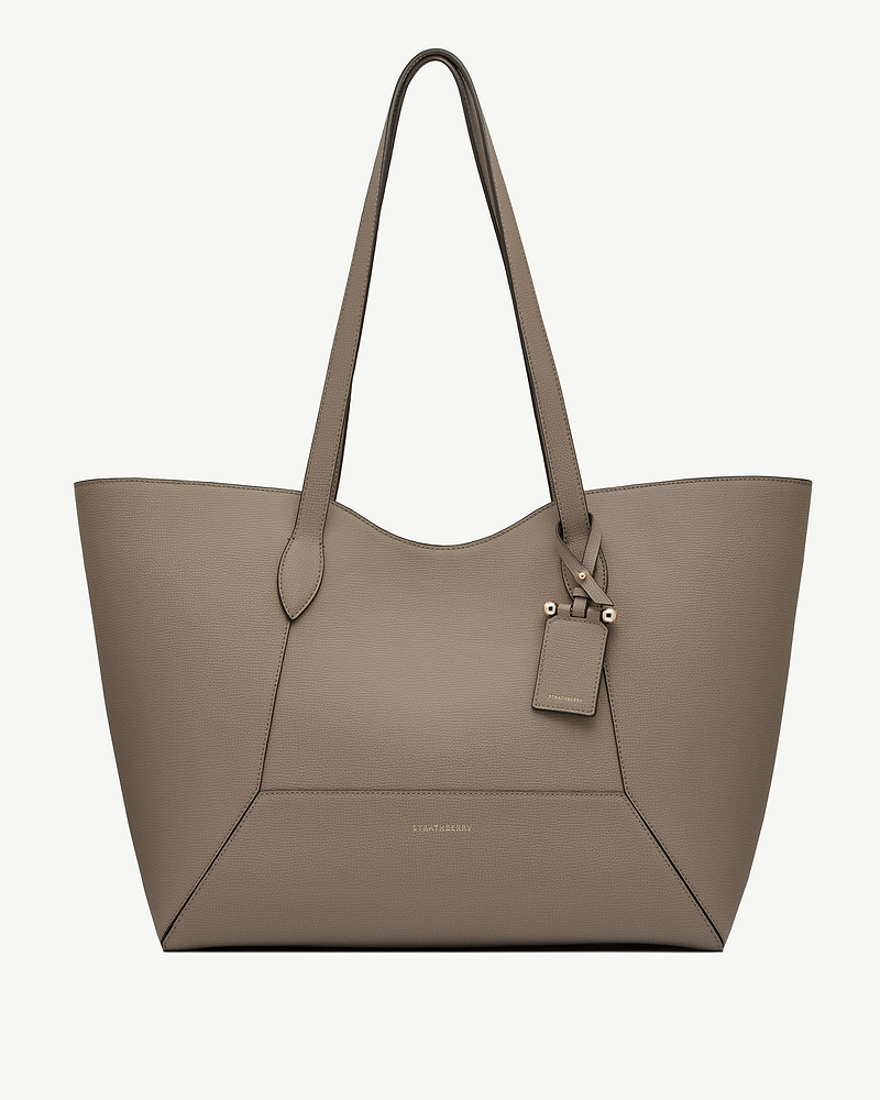 Taupe leather Mosaic Cabas tote with long handles, leather tag, Strathberry logo.