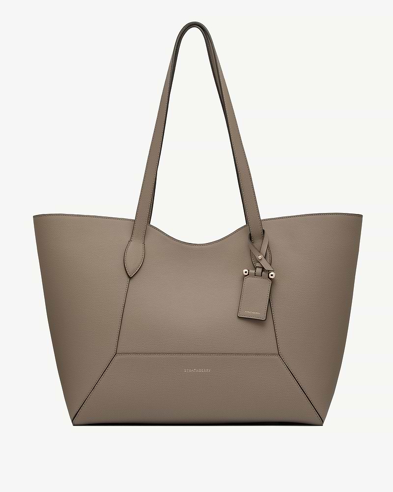 Taupe leather Mosaic Cabas tote with long handles, leather tag, Strathberry logo.