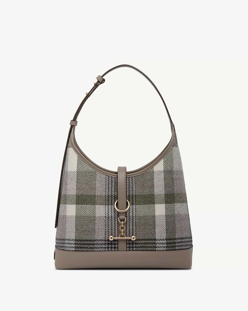 Tartan-patterned kite hobo bag with taupe leather trim and gold ring hardware.
