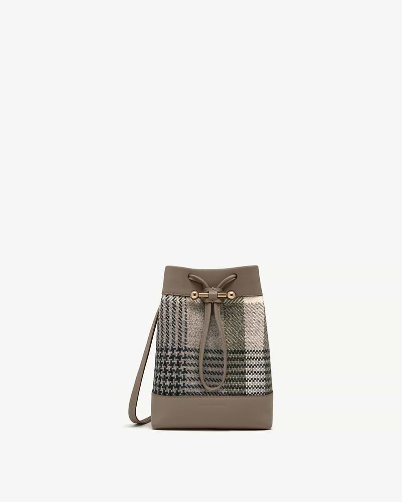 Strathberry tartan midi pouch with taupe leather trim and drawstring