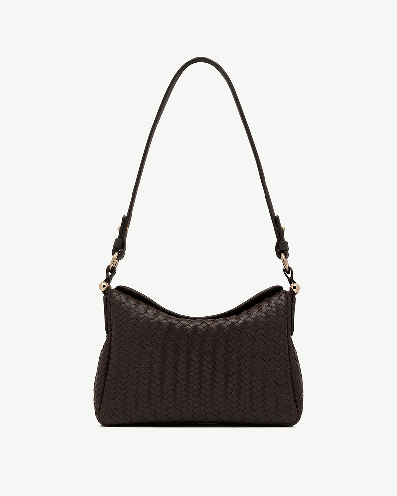 Chocolate woven leather shoulder bag with single top strap and curved opening.