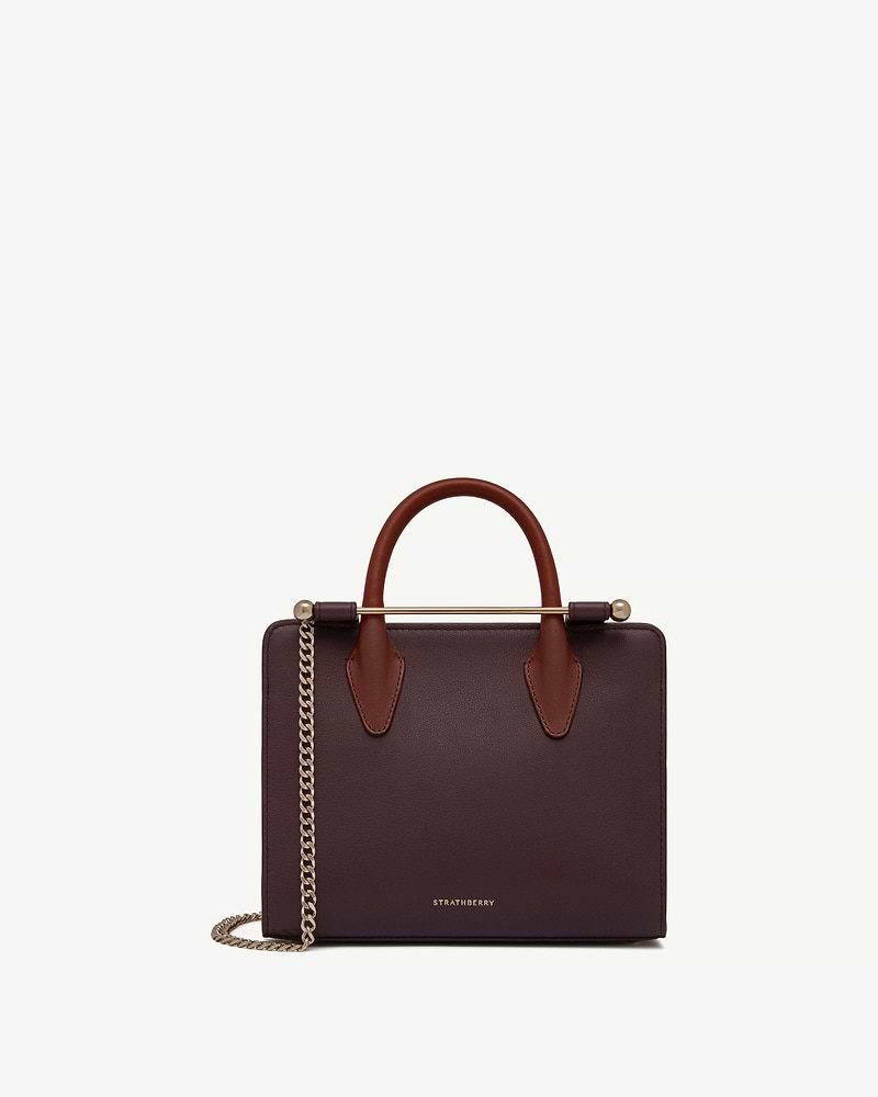 Strathberry mini tote in burgundy with chestnut handles, walnut trim and gold chain