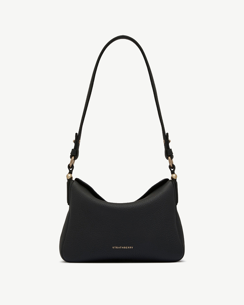 Black Strathberry Sway shoulder bag with single strap and gold logo.