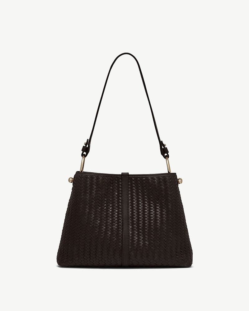 Chocolate woven leather hobo bag with single shoulder strap and gold rings.