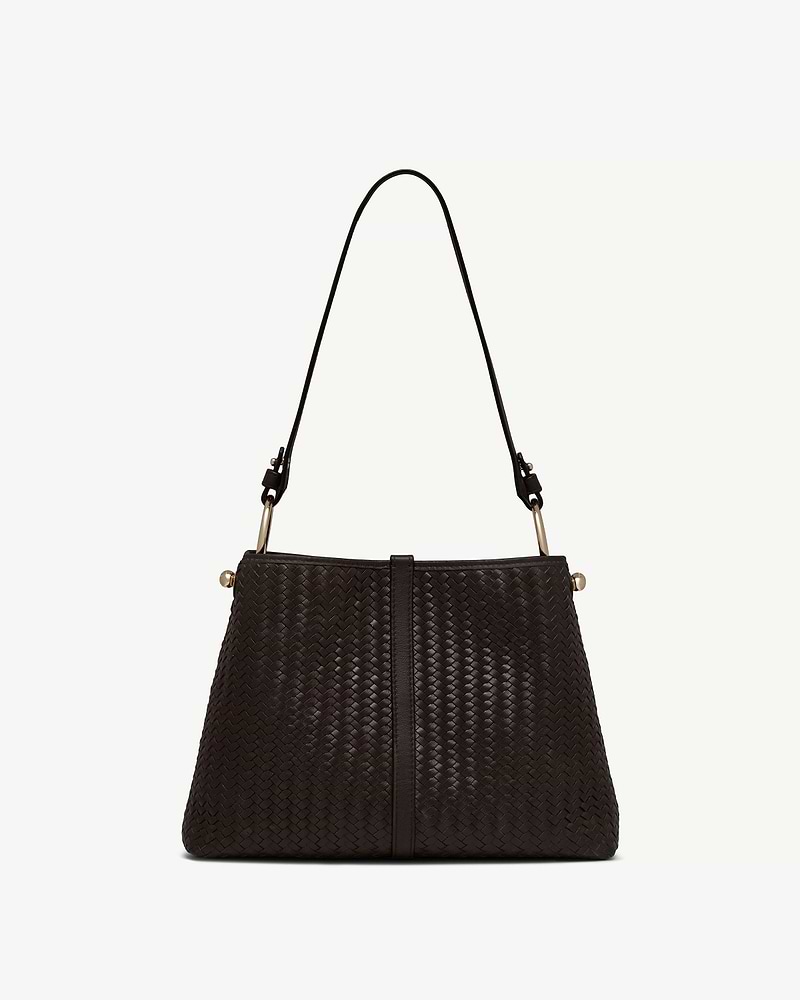 Chocolate woven leather hobo bag with single shoulder strap and gold rings.