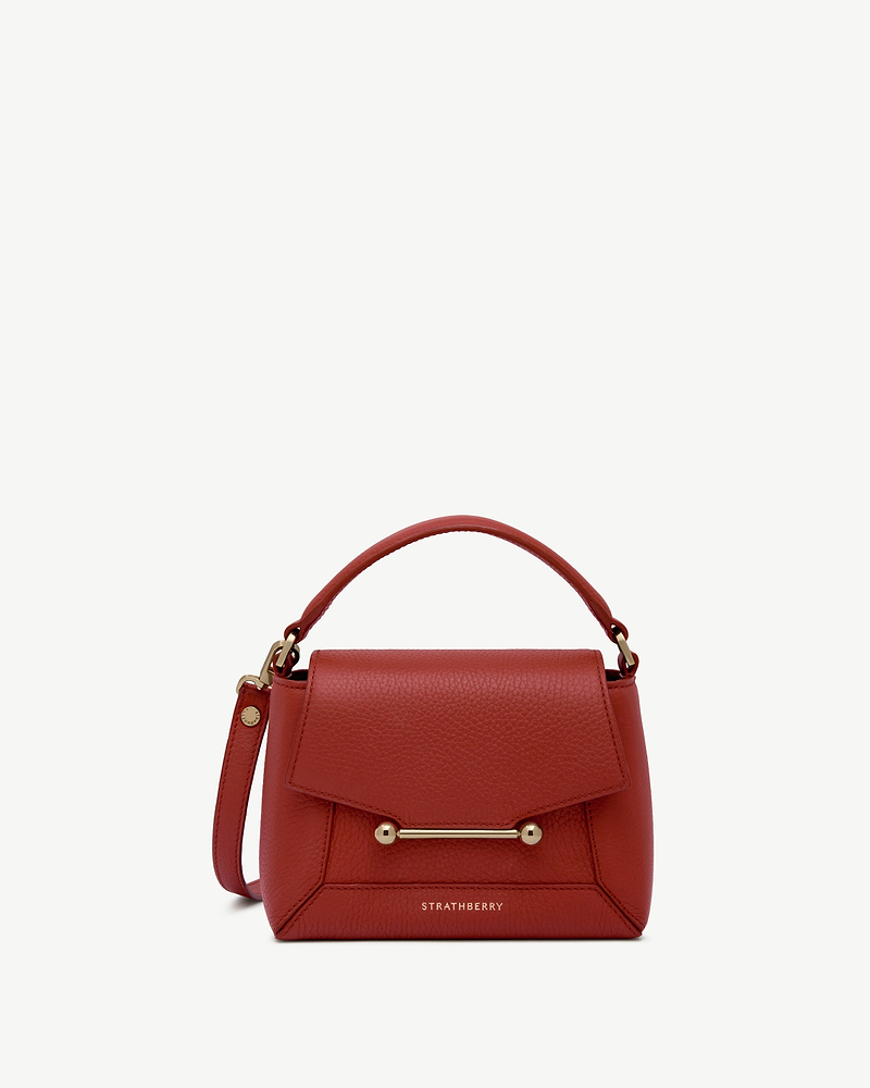 Levanto red Mosaic Nano bag with top handle and gold bar, Strathberry.