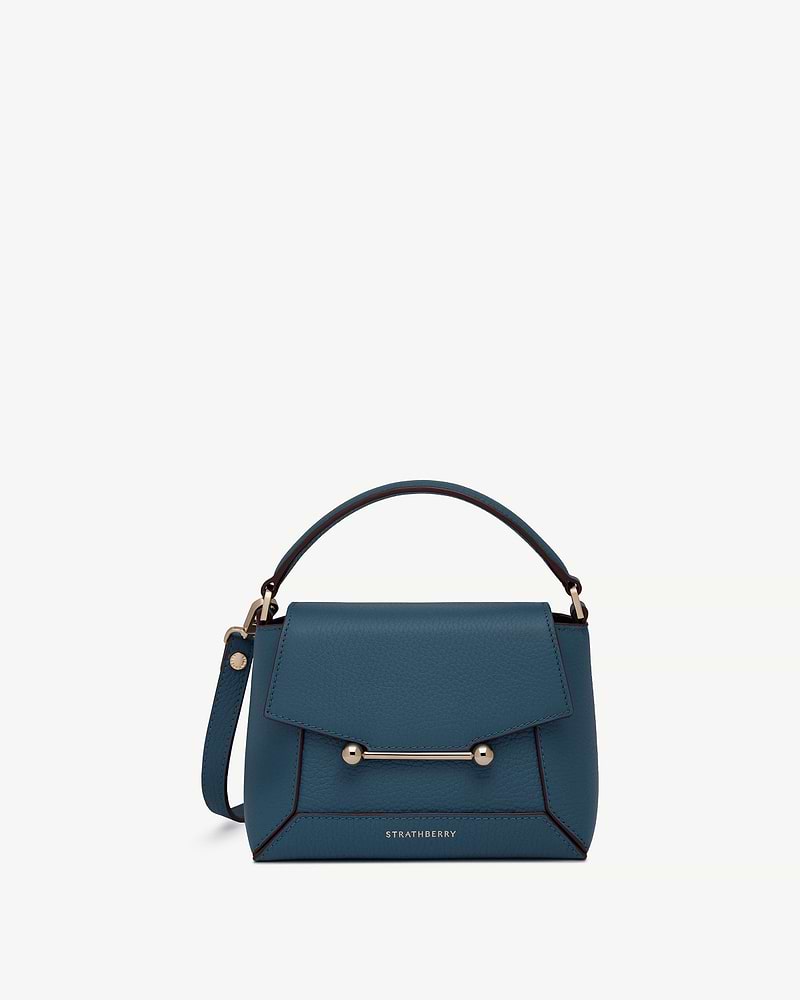 Strathberry Mosaic Nano bag in Loch Blue with top handle and shoulder strap