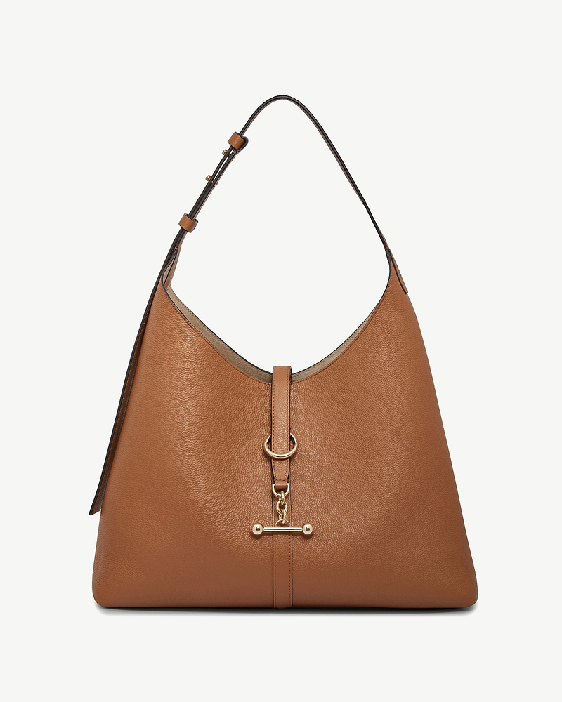 Tan leather hobo bag with single shoulder strap, gold ring and chain hardware.