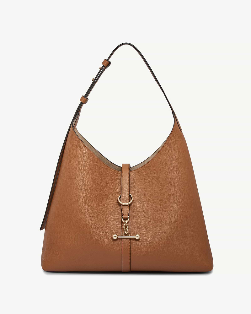 Tan leather hobo bag with single shoulder strap, gold ring and chain hardware.