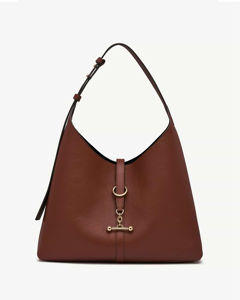 Walnut leather hobo bag with single shoulder strap and gold toggle closure.