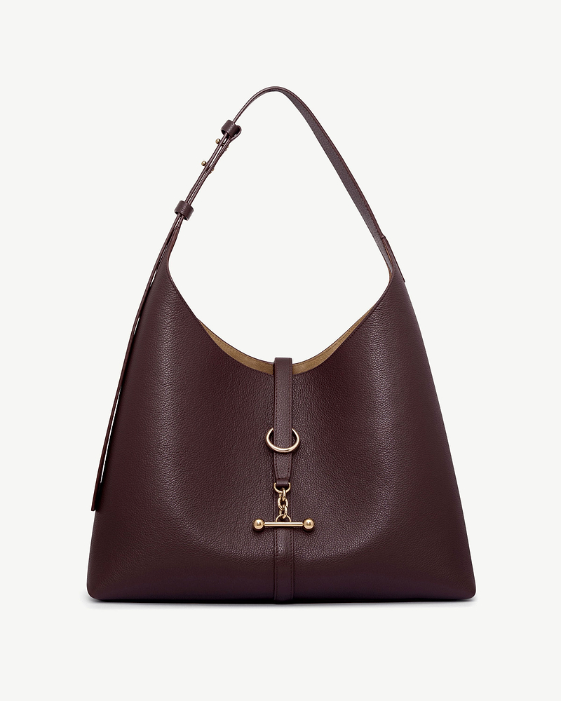 Burgundy pebbled leather hobo bag with single shoulder strap and gold hardware.